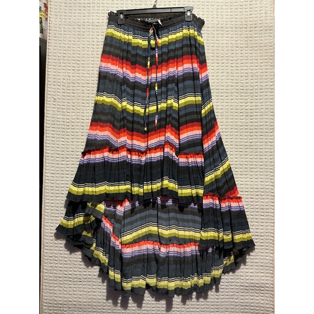 Free People Crinkle Pleat Hi Low Stripe Pleated Bohemian Flowy Maxi Skirt Medium